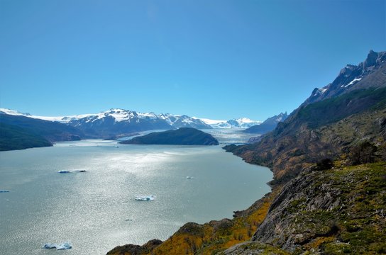GREY LAKE, TORRES DEL PAINE NATIONAL PARK, CHILE - FEBRUARY, 5, 2016: Sign Lago Grey viewpoint for the Grey glacier