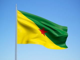 French Guiana 3d flag floating in the wind with a blue sky background 