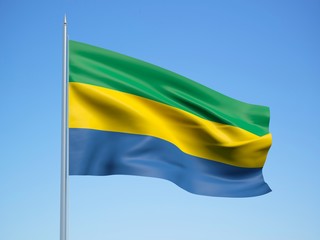 Gabon 3d flag floating in the wind with a blue sky background 