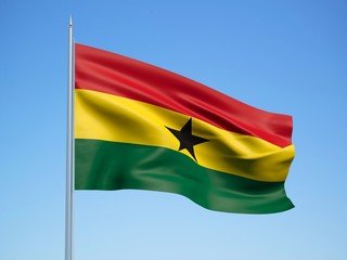 Ghana 3d flag floating in the wind with a blue sky background 