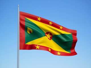 Grenada 3d flag floating in the wind with a blue sky background 