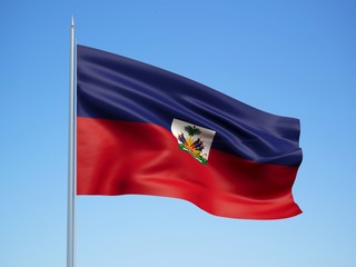 Haiti 3d flag floating in the wind with a blue sky background 