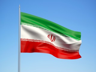 Iran 3d flag floating in the wind with a blue sky background 