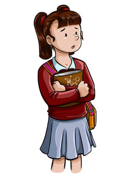 ilustraci&oacute;n de ni&ntilde;a con uniforme escolar sosteniendo sus libros entre brazos 