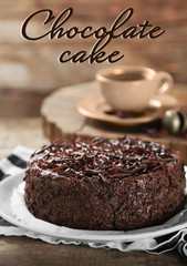 Tasty chocolate cake on wooden background