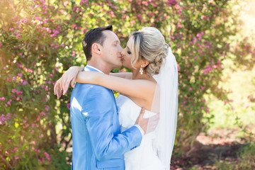 Wedding newlyweds kiss on a sunny day