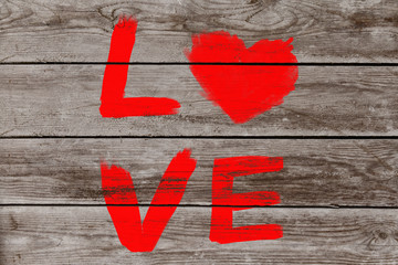 Word "Love" painted on old wooden wall background