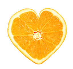 Juicy slice of orange in heart shape isolated on white