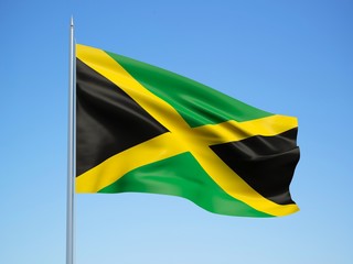 Jamaica 3d flag floating in the wind with a blue sky background 