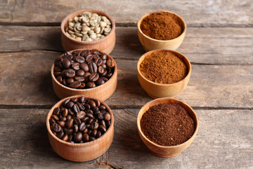 Collection of coffee beans on old wooden table, close up