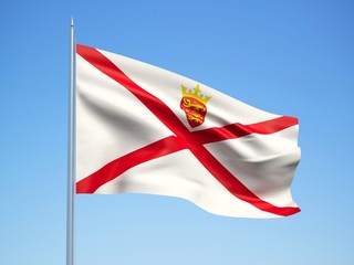 Jersey 3d flag floating in the wind with a blue sky background 