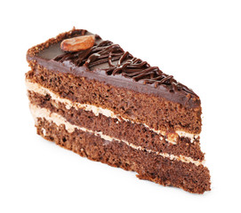 Piece of chocolate cake isolated on white
