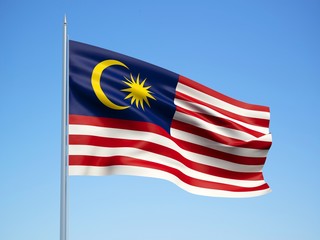 Malaysia 3d flag floating in the wind with a blue sky background 
