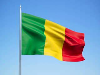 Mali 3d flag floating in the wind with a blue sky background 
