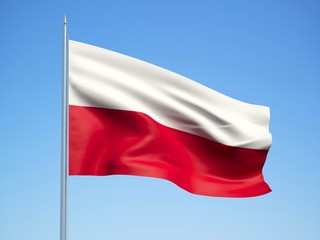 Poland 3d flag floating in the wind with a blue sky background
