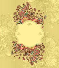 Vintage frame with doodle flowers on beige