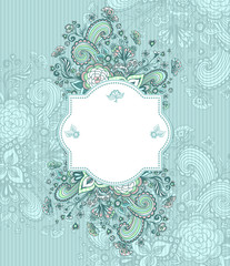 Vintage frame with doodle flowers on blue