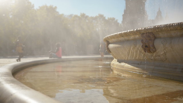Fountain at Spain Square (Plaza de Espana) in the Maria Luisa Park, in Seville. It is a landmark example of the Renaissance Revival style in Spanish architecture.
