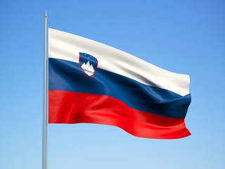 Slovenia 3d flag floating in the wind with a blue sky background