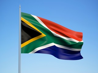 South Africa 3d flag floating in the wind with a blue sky background