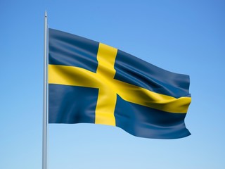 Sweden 3d flag floating in the wind with a blue sky background