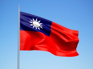 Taiwan 3d flag floating in the wind with a blue sky background