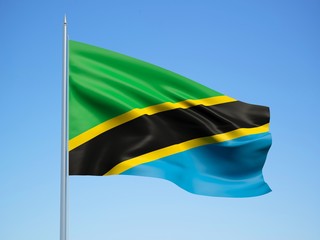 Tanzania 3d flag floating in the wind with a blue sky background
