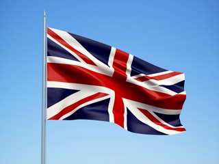 United Kingdom 3d flag floating in the wind with a blue sky background
