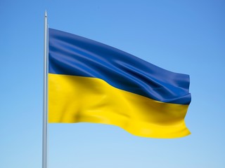 Ukraine 3d flag floating in the wind with a blue sky background