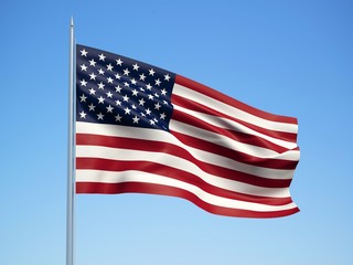 United States 3d flag floating in the wind with a blue sky background