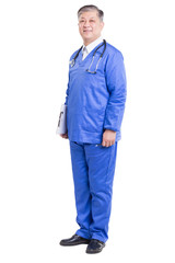 isolated old asian man doctor in blue uniform