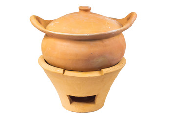 Traditional stoves and pots set made of red clay
