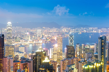 Fototapeta na wymiar Panorama of Hong Kong skyline at night from Victoria Peak