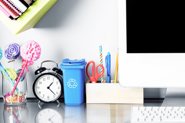 Modern work space in teenager room. Interior design, back to school, furniture, technology, urban living, lifestyle and education concept. 