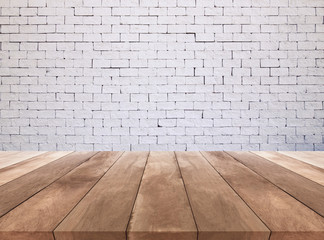 white brick wall and wooden floor texture background