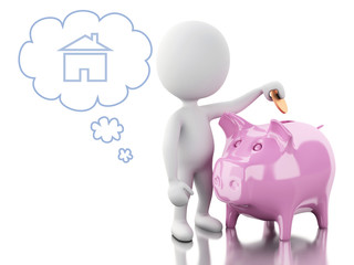 3d White people with Piggy bank, thinking of buying a new house.
