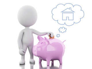 3d White people with Piggy bank, thinking of buying a new house.