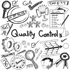 Quality control in manufacturing industry operation doodle sketch tools sign and symbol in white isolated background paper for engineering management presentation or introduction with text (vector)