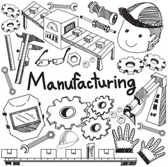 Manufacturing and operation system in factory assembly line handwriting doodle sketch design tools sign and symbol in isolated background paper for education presentation introduction (vector) 