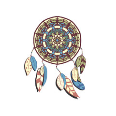 Hand drawn vector dreamcatcher with feathers. Colorful vector illustrations isolated on white. Boho style design element