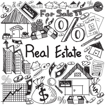 Real estate business industry and investment handwriting doodle sign and symbol in white isolated background paper used for education subject presentation or introduction with text, create by vector 