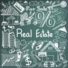 Real estate business industry and investment chalk handwriting doodle sign and symbol in black board background used for education subject presentation or introduction with sample text (vector)