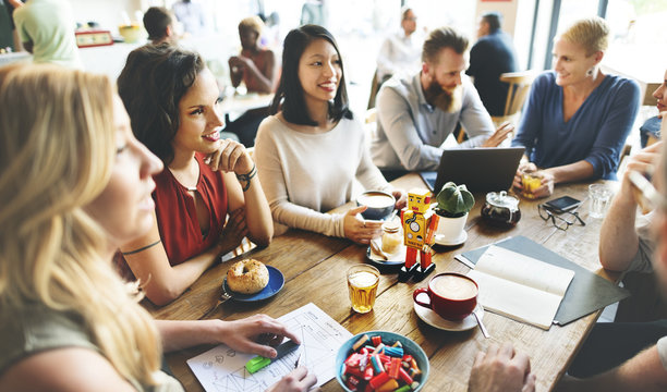 Diversity Friends Meeting Coffee Shop Brainstorming Concept