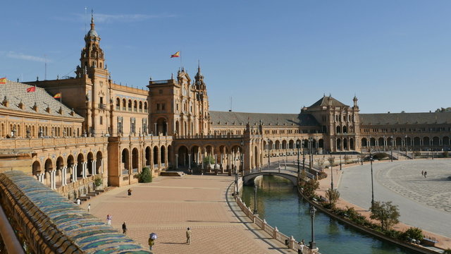 Spain Square (Plaza de Espa&ntilde;a) is in the Maria Luisa Park, in Seville. It is a landmark example of the Renaissance Revival style in Spanish architecture. 4K, UHD, ultra HD resolution.