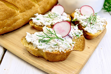 Bread with pate of curd and radish on table