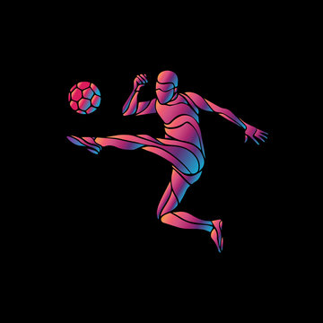 Soccer player kicks the ball. The colorful vector illustration on black background.
