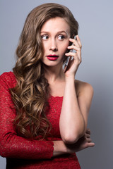 Isolated portrait of young woman phone call. 