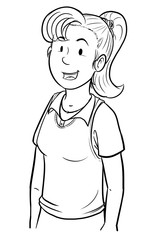 Dibujo a linea de niña en uniforme escolar verde feliz contenta viendo al frente