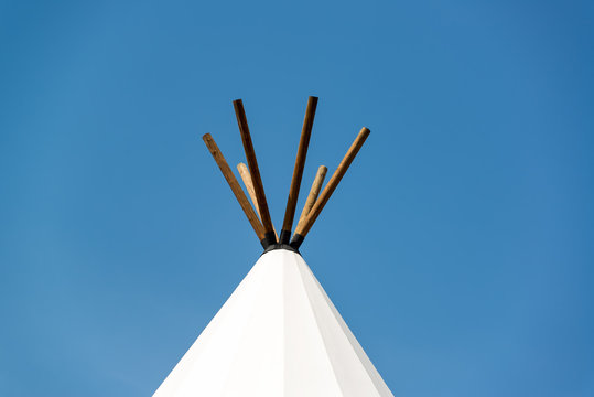 Top of a teepee with a blue sky near Beulah, Wyoming
