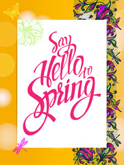 Yellow spring background with hummingbirds and butterflies. Banner theme of spring.